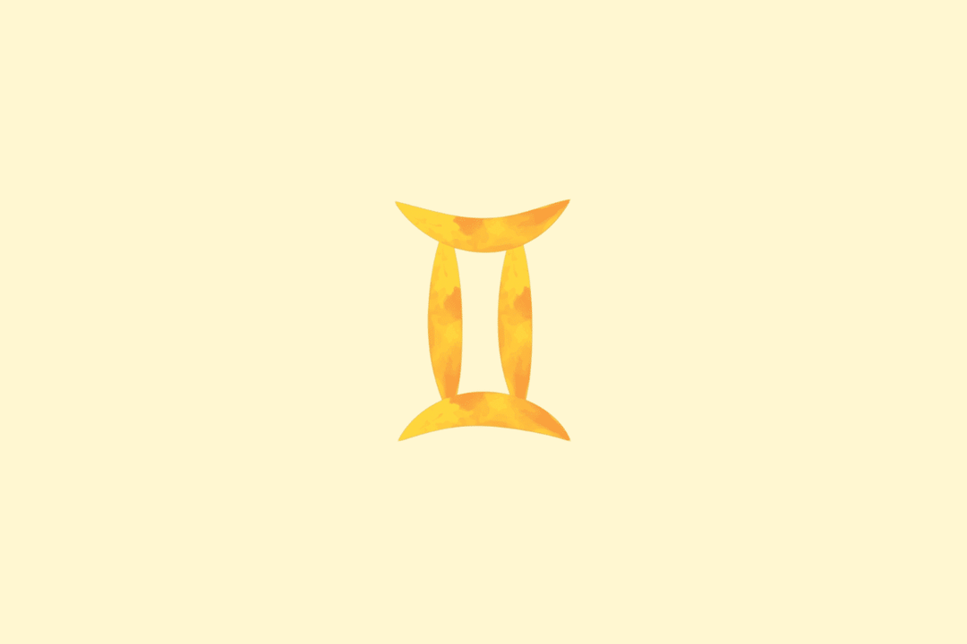 Símbolo de Gêmeos representado por duas formas verticais paralelas ligadas nas extremidades, em amarelo e laranja. Fundo amarelo-claro.