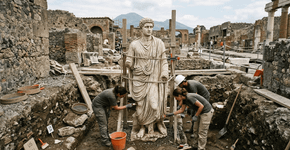 Arqueólogos descobrem duas estátuas quase em tamanho real esculpidas na parede de um túmulo na antiga Pompeia