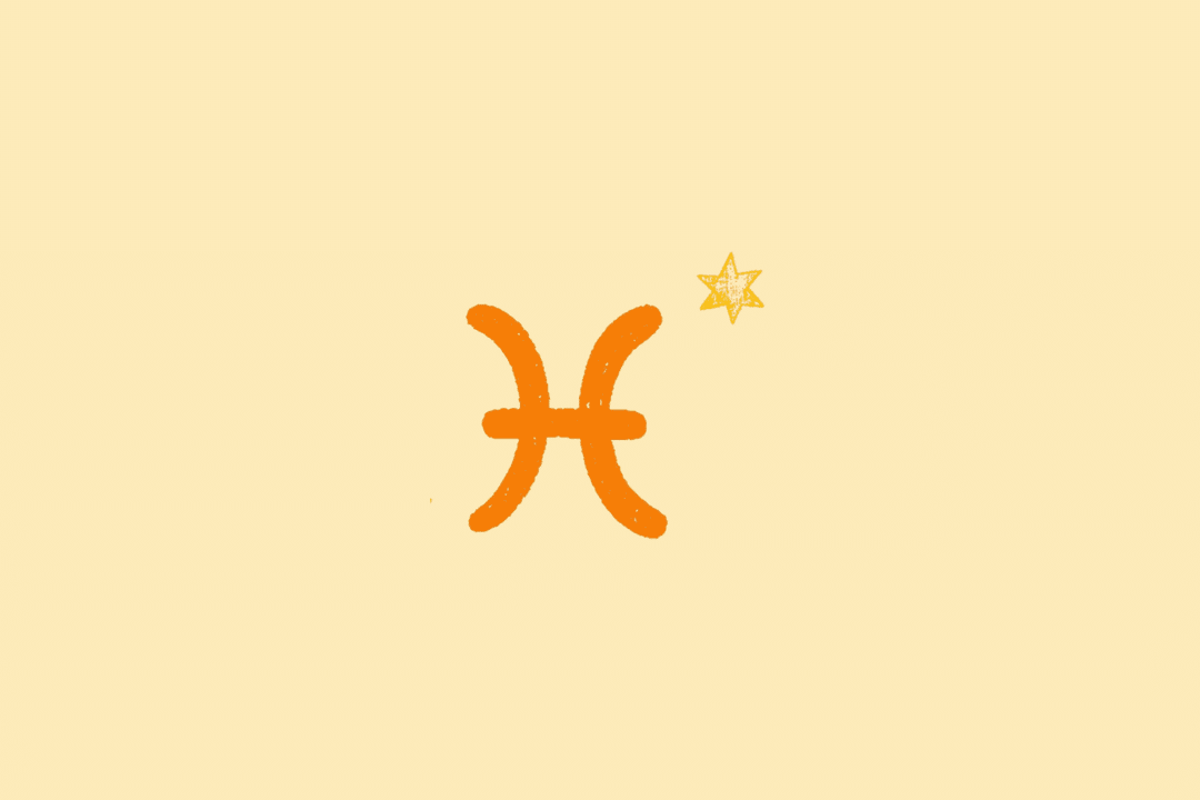 Ilustração do símbolo do signo de Peixes, representado por duas formas curvas unidas por uma linha horizontal, em laranja, acompanhado de uma pequena estrela sobre fundo bege-claro.