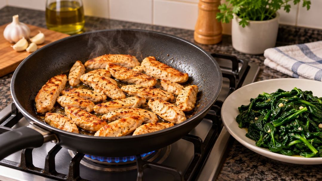 Frango em tiras e espinafre ajudam a reduzir gordura no prato