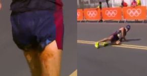 Atleta francês desaba por dor de barriga na marcha atlética