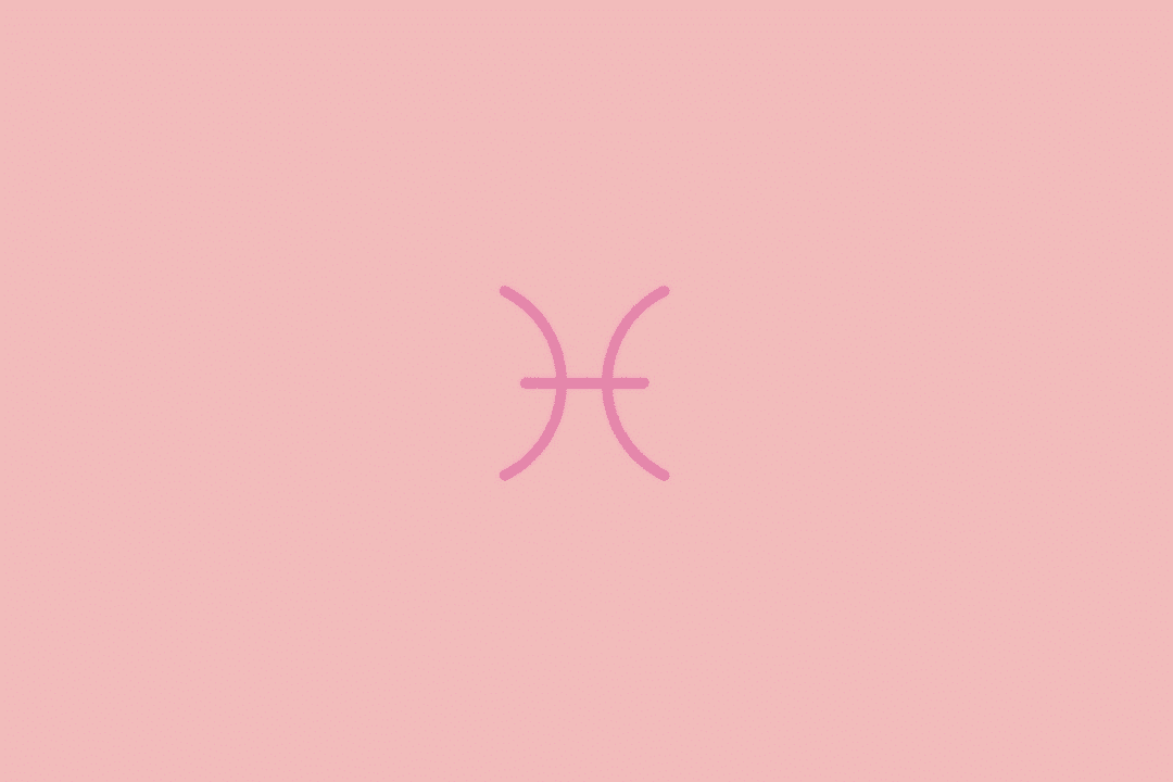 Símbolo do signo de Peixes em linhas rosa sobre um fundo rosa-claro.