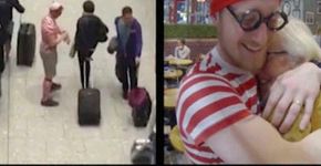 Vestido de Wally em um aeroporto, ele fez uma surpresa para a mãe
