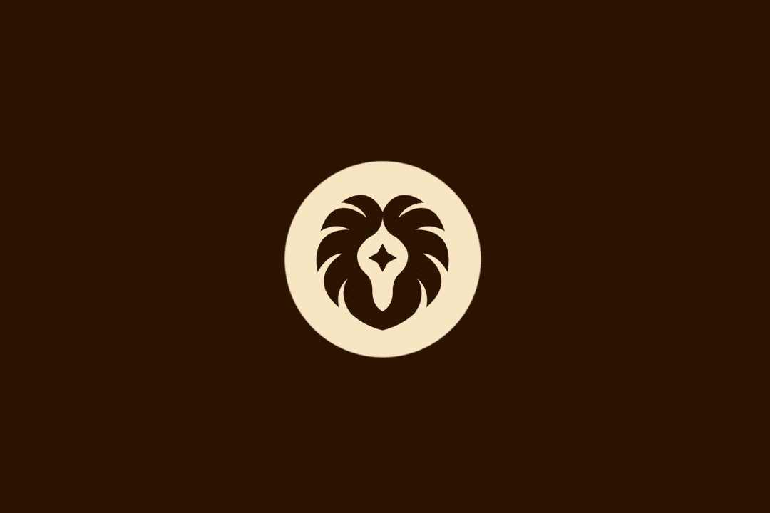 Ilustração vetorial do signo de Leão, representada pela juba estilizada de um leão com uma estrela de quatro pontas no centro, dentro de um círculo bege sobre fundo marrom.