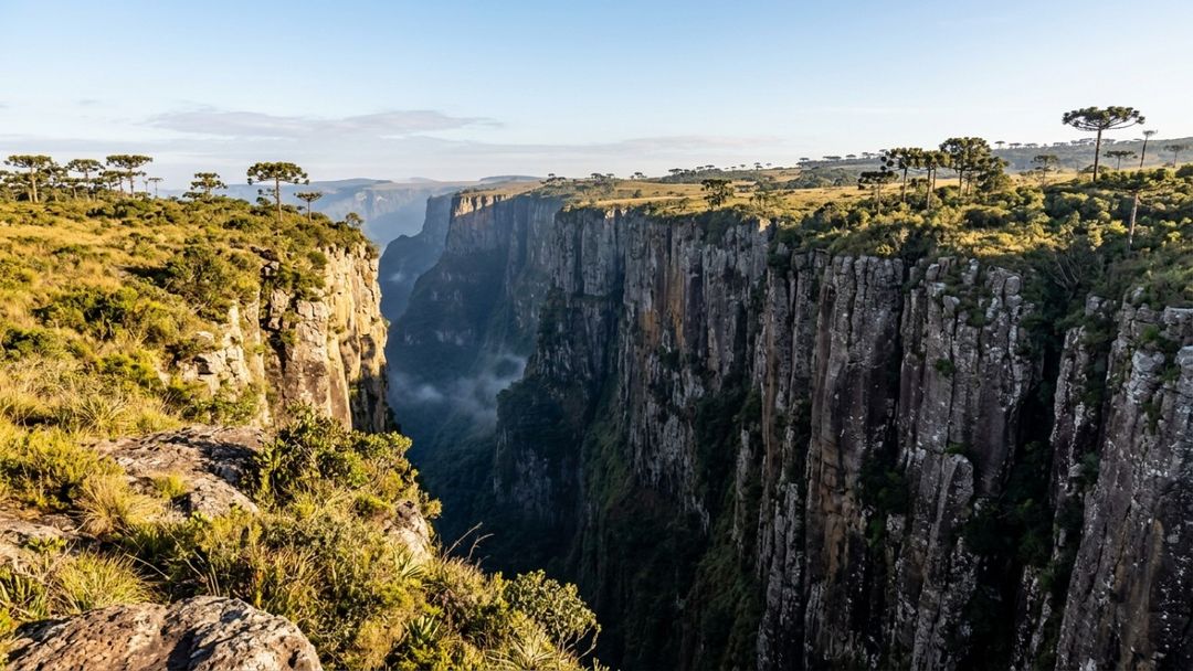 Explorar as trilhas que contornam os abismos e mirantes da região proporciona uma vista panorâmica inesquecível da natureza.