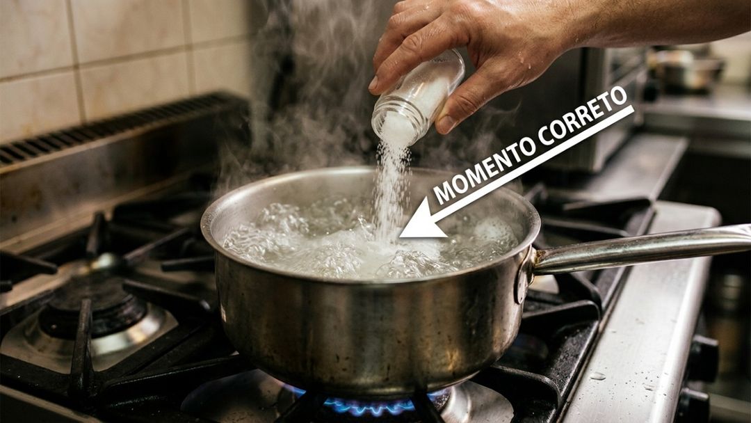 O cozimento em água abundante com salinidade adequada permite que o amido retenha o gosto por completo.