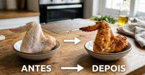 Em vez de fritar as asinhas de frango por imersão, cozinheiros usam fermento químico e forno alto para deixar a pele mais seca e crocante
