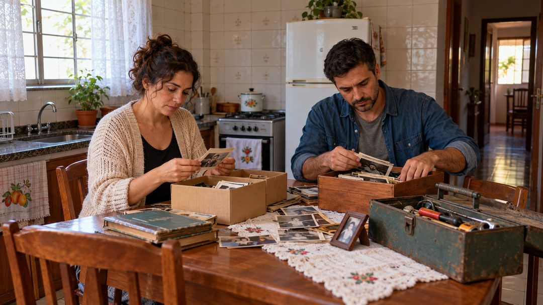 Encontro no cartório revela intenções semelhantes sobre a casa dos pais.