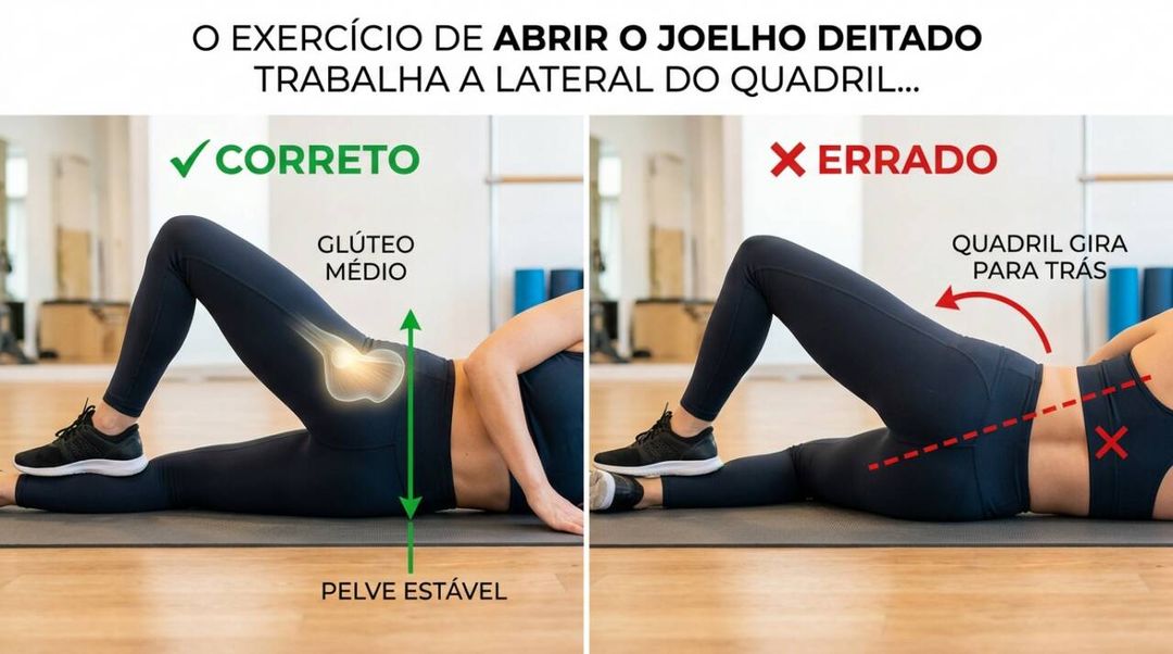 Aprenda a fazer o clam shell com controle da pelve e do quadril. Veja quais músculos participam e por que não é preciso levantar muito o joelho.