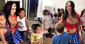 Gracyanne Barbosa vira Mulher Maravilha em festa de orfanato
