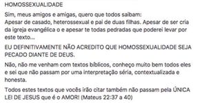 “Não acredito que homossexualidade seja pecado diante de Deus”