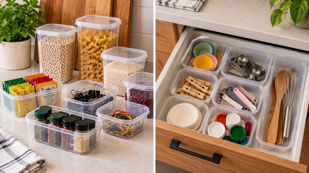 Como reaproveitar embalagens na cozinha? Aprenda a transformar recipientes rígidos em organizadores práticos para gavetas e armários, com cuidados de higiene.