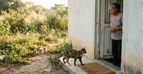 Gata que vivia em terreno baldio surpreendeu a protetora ao levar os filhotes até a porta de quem a alimentava