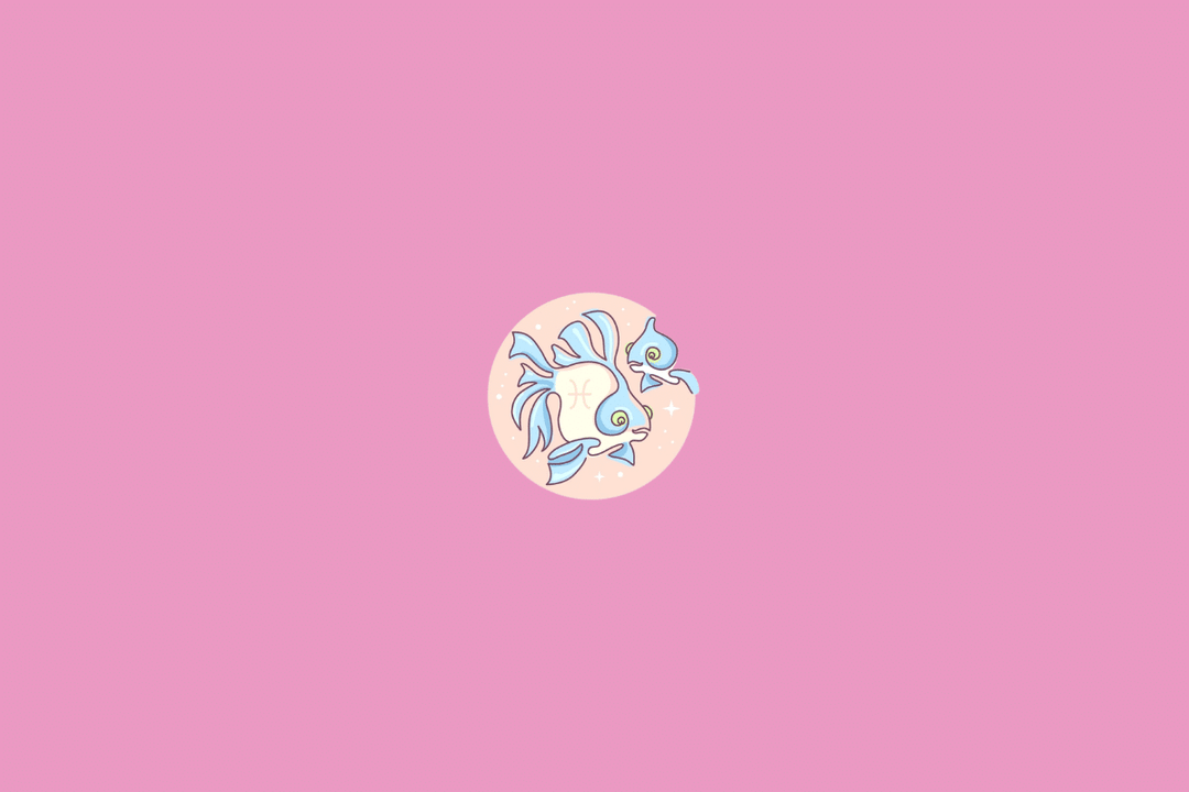 Ilustração minimalista do signo de Peixes, representado pelo símbolo de dois arcos curvos unidos por uma linha horizontal em tom creme. O desenho está dentro de um círculo em degradê de azul, sobre fundo amarelo-claro.