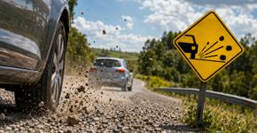 O que significa a placa de trânsito em formato de losango com um carro lançando pequenas pedras para trás na estrada?