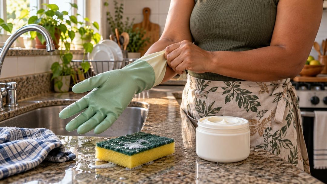 Luvas e creme mais denso ajudam a preservar a barreira da pele em rotinas com limpeza – Imagem ilustrativa criada por inteligência artificial