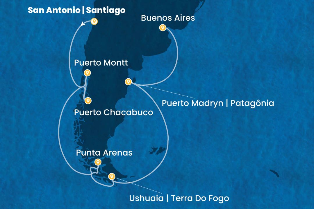 Roteiro de 14 dias do navio Costa Serena pela Terra do Fogo
