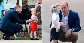 Por que o príncipe William se agacha para falar com o filho?