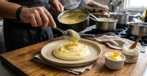 O melhor purê de batata não leva leite, leva 200 gramas de manteiga gelada e 3 colheres de creme de queijo