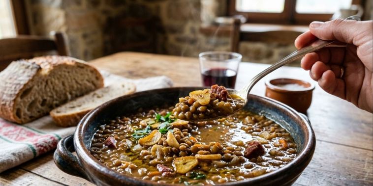 Featured main: Os cozinheiros bascos concordam: “O segredo para fazer lentilhas perfeitas é refogar azeite, alho e um pouco de páprica.”