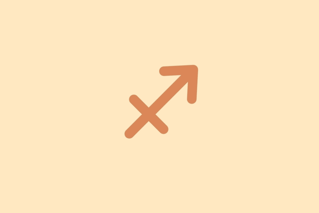 Símbolo minimalista do signo de Sagitário em tom terracota sobre fundo laranja