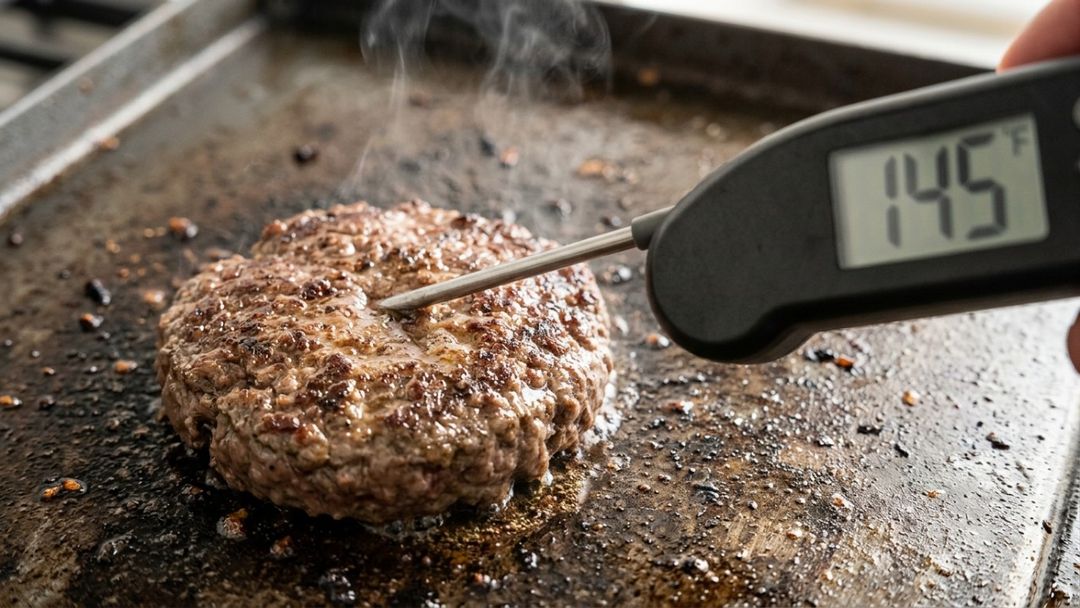 O uso do termômetro culinário é a única maneira segura de verificar a temperatura interna do hambúrguer.