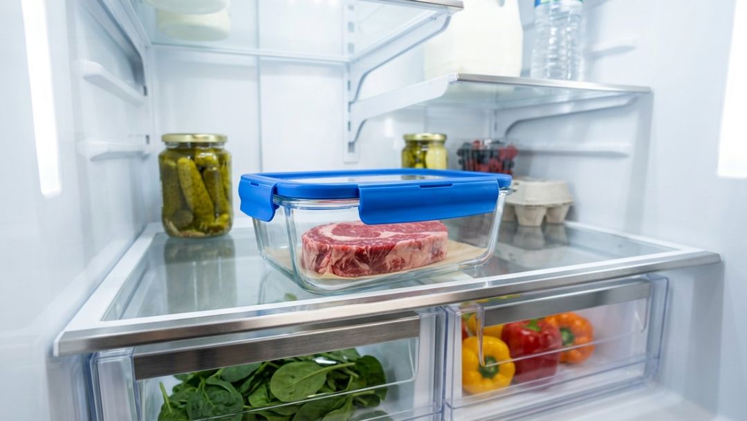 Posicionar carnes cruas nas prateleiras inferiores e utilizar recipientes vedados garante a máxima higiene do refrigerador.