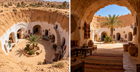 Na Tunísia, comunidades vivem em pátios subterrâneos que mantêm os cômodos protegidos do calor do deserto e preservam uma arquitetura berbere centenária