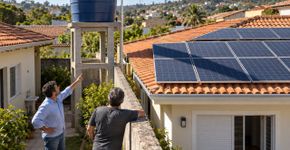 Morador instala uma caixa-d’água elevada para enfrentar faltas no abastecimento e o vizinho afirma que a nova estrutura passou a sombrear seus painéis solares durante a manhã