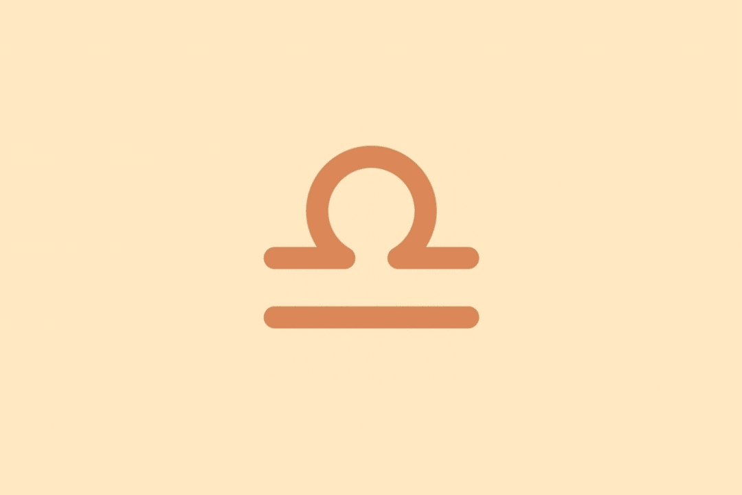 Símbolo minimalista do signo de Libra em tom terracota sobre fundo laranja