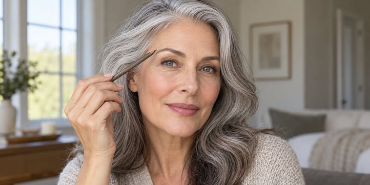 Featured main: Maquiadoras concordam: “o melhor lápis de sobrancelhas para mulheres que fizeram a transição de grisalhas é um tom um ou dois pontos mais claro que o cabelo, especialmente em rostos maduros.”