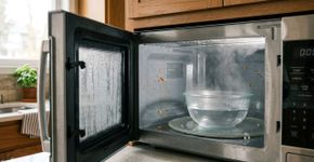 Colocar 1 xícara de água no micro-ondas por 3 a 4 minutos: o vapor solta a sujeira, e 1 colher de vinagre reforça a limpeza
