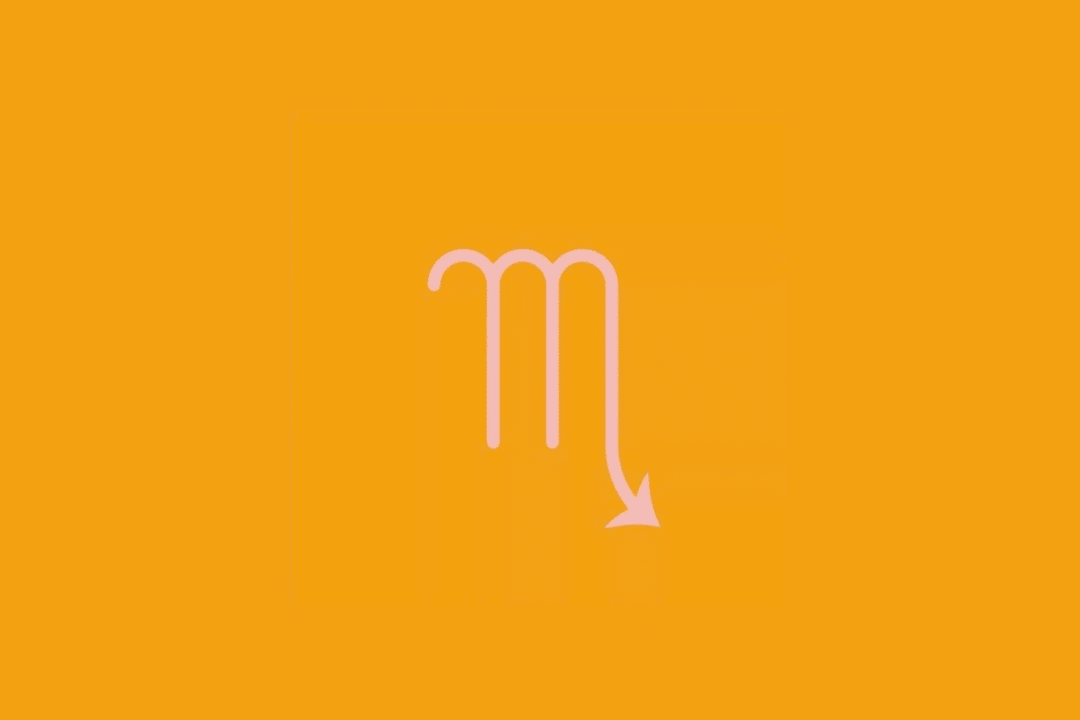 Símbolo do signo de Escorpião em linhas rosa-claro sobre um fundo amarelo-alaranjado.