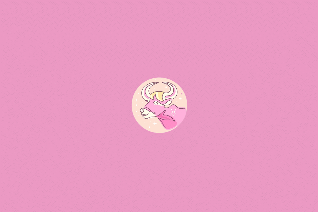 Ilustração minimalista do signo de Touro, representado pelo símbolo formado por um círculo com dois arcos superiores em tom creme. O desenho está dentro de um círculo em degradê de rosa e vermelho, com pequenos pontos decorativos e fundo amarelo-claro.