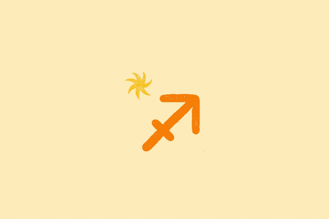 Ilustração do símbolo do signo de Sagitário, representado por uma seta apontada para o alto, na cor laranja, acompanhada de um elemento em formato de estrela sobre fundo bege-claro.
