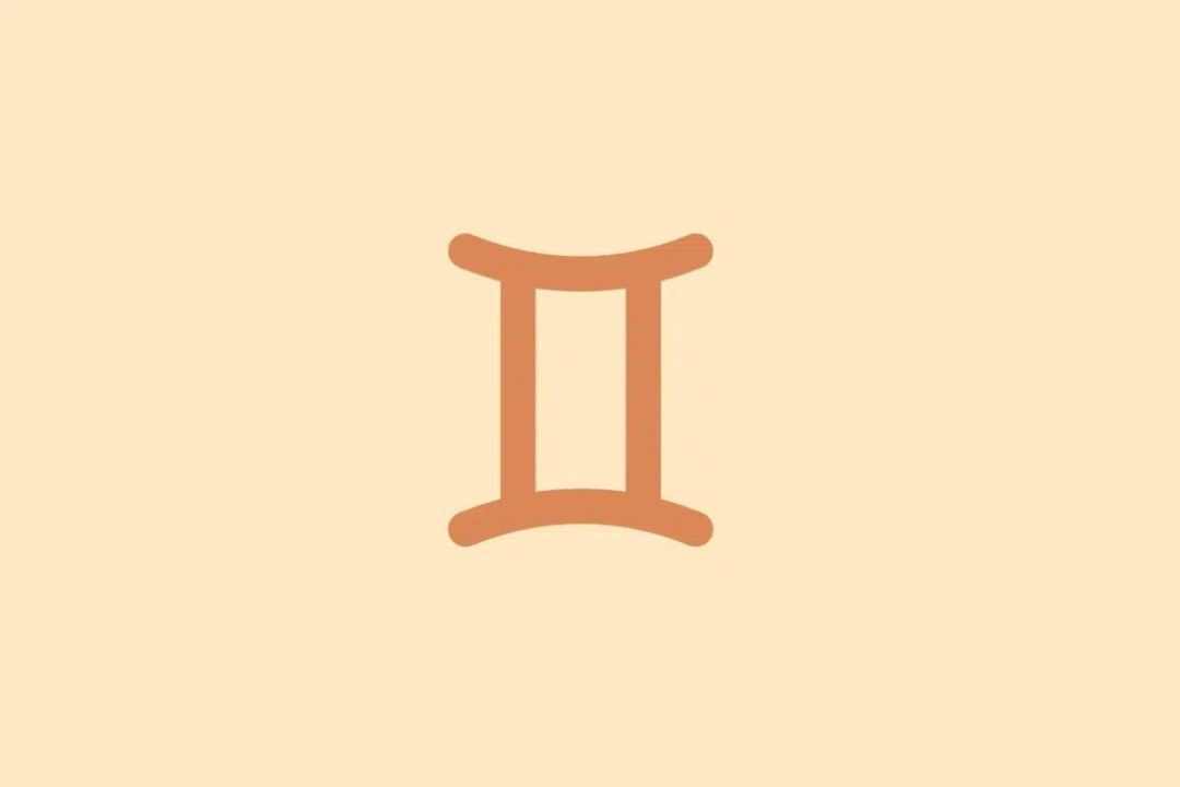 Símbolo minimalista do signo de Gêmeos em tom terracota sobre fundo laranja