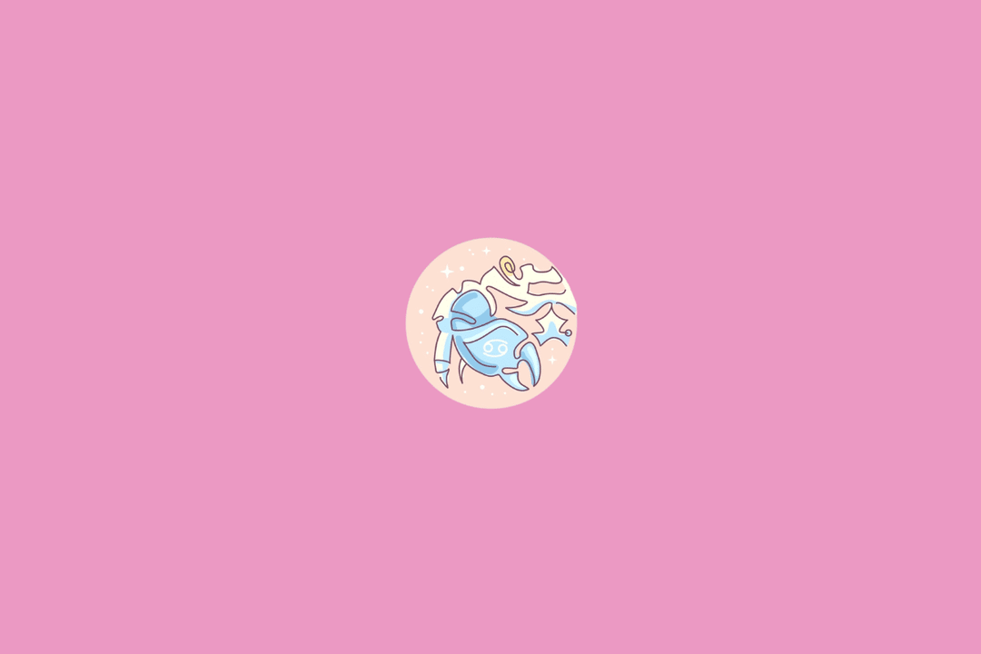 Ilustração minimalista do signo de Câncer, representado pelo símbolo formado por dois círculos e linhas curvas em tom creme. O desenho está sobre um círculo em degradê de laranja e vermelho, com pequenos pontos decorativos e fundo amarelo-claro.