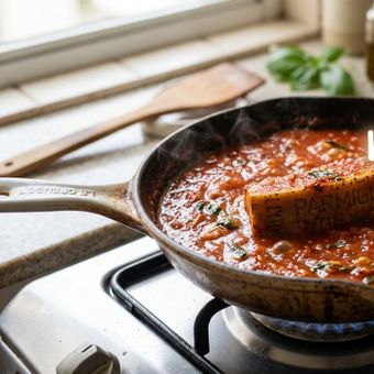 Featured mobile: Os italianos concordam: para deixar o molho de tomate caseiro mais encorpado e saboroso, o segredo é adicionar uma casca de parmesão curada durante o cozimento da receita