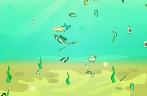 No jogo “Mergulho Marinho”, a criança precisa pescar lixo para acabar com a poluição nas águas.