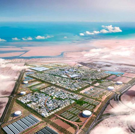 Masdar City, em Abu Dhabi, foi projetada para uso exclusivo de pedestres;veículos elétricos circulam no subsolo