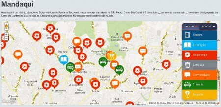 A página disponibiliza um mapa interativo onde é possível ver o que acontece em cada lugar da cidade. É possível filtrar as informações pelos temas de interesse.