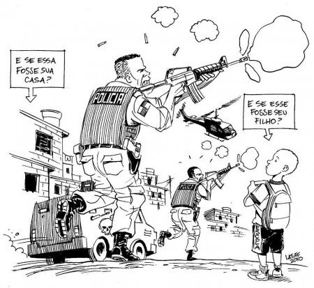 Charge de Carlos Latuff que questiona as incursões da polícia em comunidades