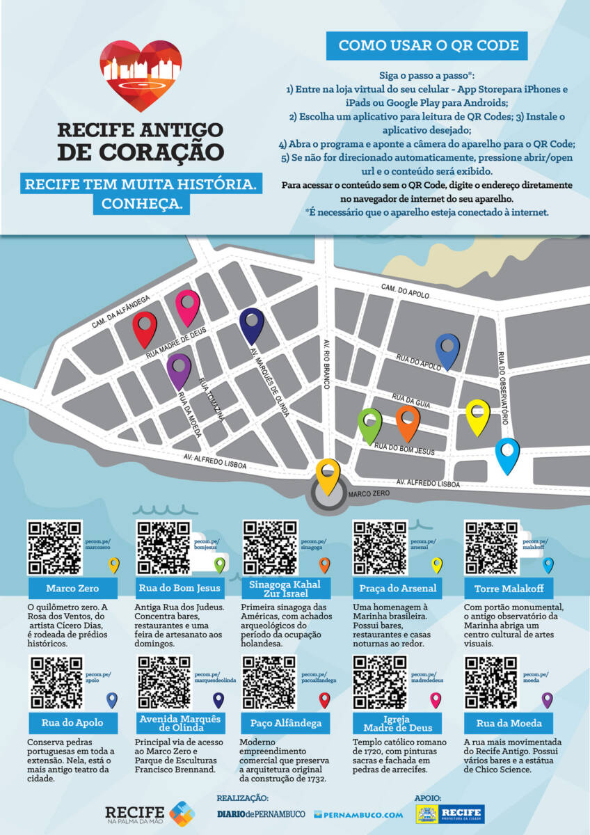 Folder com QR codes das atrações turísticas do Recife Antigo, bairro que originou a cidade