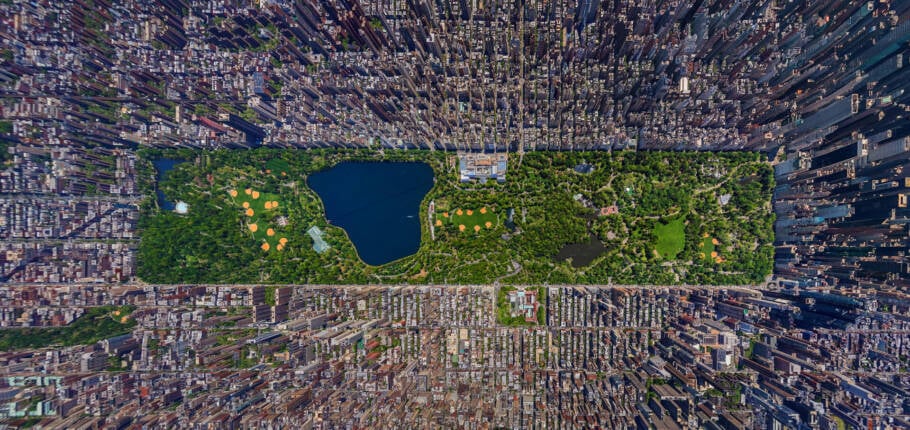 Vista panorâmica do Central Park; imagens foram eletronicamente achatadas