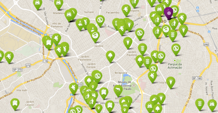 O mapa aponta irregularidades nas calçadas e passeios da cidade.