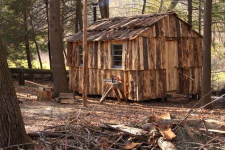 Casa construída por Dave Sinaguglia com sobras de cortes de madeira. O abrigo está localizado em uma floresta de pinherios próxima a Hartford, Connecticut, EUA.