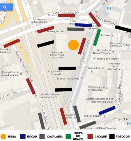 Mapa feito pelos Advogados Ativistas mostrando o absurdo cerco policial para intimidar o debate público na praça Roosevelt ontem.