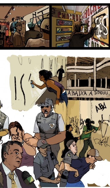 Na ilustração, os ataques à Choque Cultural (no topo) e à Bienal. Clique na imagem e leia a reportagem em quadrinhos feita por Alexandre De Maio e Carloscarlos.