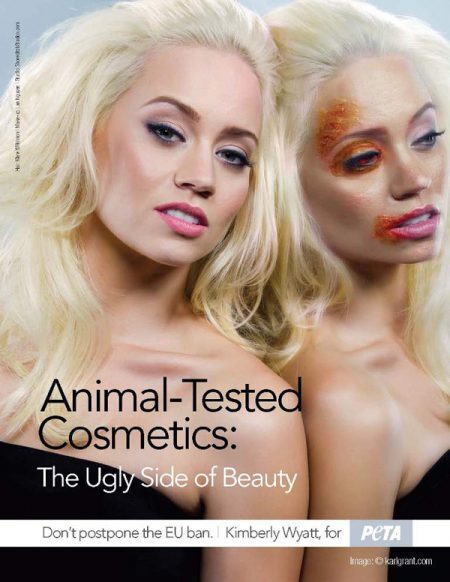 “Cosméticos testados em animais: o lado feio da beleza” – Campanha da PETA pela proibição total de testes em animais na União Europeia.