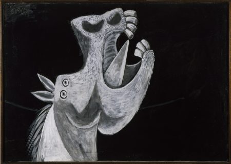 Pablo Ruiz Picasso – Cabeza de caballo. Boceto para “Guernica” (Cabeça de cavalo. Esboço para “Guernica”) – 1937 (2 de maio, Paris). Óleo sobre tela 65 x 92 cm – Coleção do Museo Nacional Centro de Arte Reina Sofía, Madrid. Le­gado Picasso, 1981. © Succession Pablo Picasso / AUTVIS, Brasil, 2015.